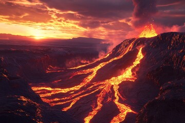 Volcanic eruption at sunset.  Lava flows down a mountain