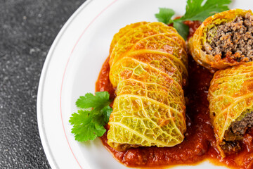 cabbage rolls cabbage stuffing meat tasty fresh delicious gourmet food background table rustic food top view copy space keto and paleo diet