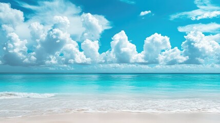 Fototapeta premium Tropical Paradise: Experience the serenity of a tropical beach, where crystal-clear turquoise water meets a pristine sandy shore under a vast sky filled with fluffy clouds.
