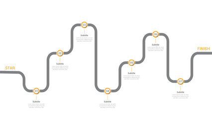 Infographic roadmap design template. Business Timeline of 7 Important Business Events annual business presentation. Vector illustration