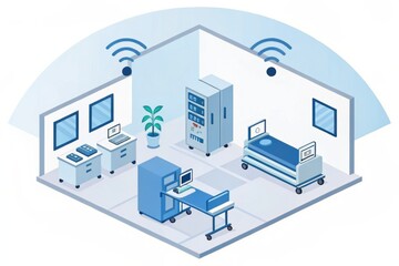 Digital health care and Telemedicine concept. Modern hospital room design featuring medical equipment and wireless connectivity.