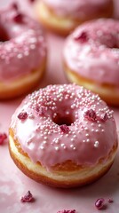 Pink glazed donuts with sprinkles on a pink background, suitable for a mobile wallpaper.