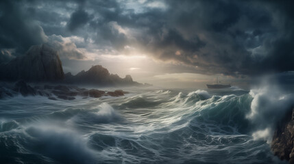 Fototapeta premium Massive earth, suspended above a turbulent sea, surreal landscape, dramatic clouds erupting from Earth, intensely detailed, ocean waves crashing against dark volcanic 