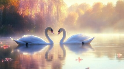 A pair of swans gliding gracefully on a tranquil lake, with soft reflections on the water