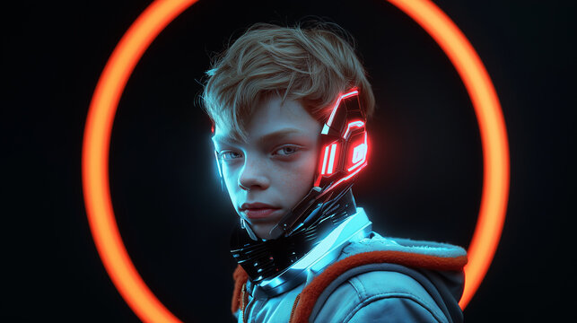 Jovem ciborgue com implante tecnol&oacute;gico e ilumina&ccedil;&atilde;o cyberpunk vermelha