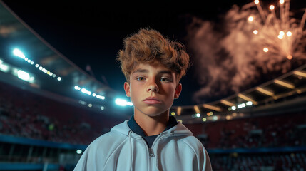 Fototapeta premium Jovem jogador de futebol em um grande estádio, expressão séria sob os holofotes com o clima intenso da partida