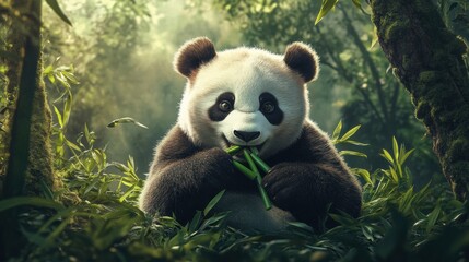 A panda eating bamboo in a serene forest setting, surrounded by lush greenery