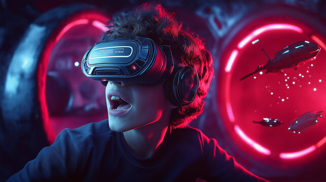 Realidade virtual de &uacute;ltima gera&ccedil;&atilde;o: Jogador envolvido em batalha futurista