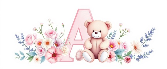 Niedlicher Teddyb&auml;r neben dem Buchstaben "A", umgeben von Blumen in sanften Farben. Ideal f&uuml;r Baby- und Kinderzimmerdekorationen oder personalisierte Geschenke