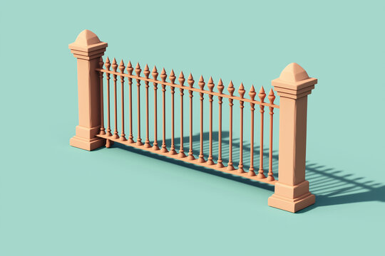 3D render of a decorative iron gate with pointed finials supported by pastel pink stone pillars. A stylish architectural element representing elegance, security, and classic residential design.
