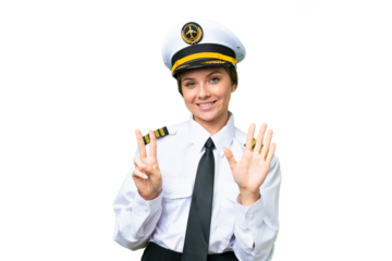 Airplane pilot woman over isolated chroma key background counting seven with fingers