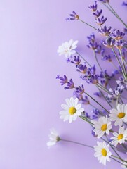 Close-up of a bunch of lavender flowers on a pastel purple background. the flowers are arranged in a way that they are overlapping each other, creating a beautiful and delicate display.