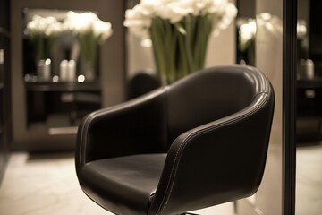 Fototapeta premium Modern black styling chair with silver accents in elegant salon setting Generative AI