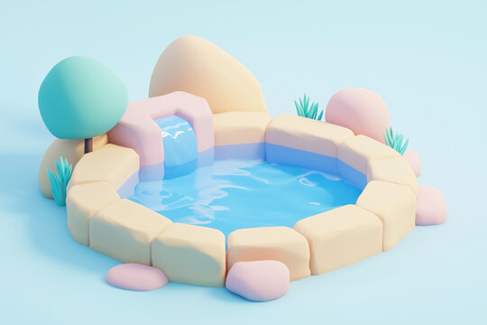 3D illustration of a pastel swimming pool with clear blue water, palm trees, and ladder in a tropical minimal setting. A relaxing summer scene symbolizing vacation.
