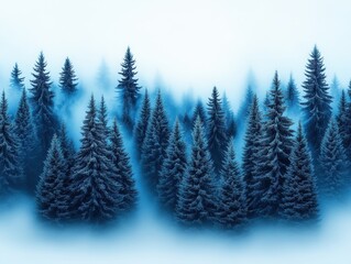 Obraz premium Serene winter forest landscape shrouded in mist with evergreen trees