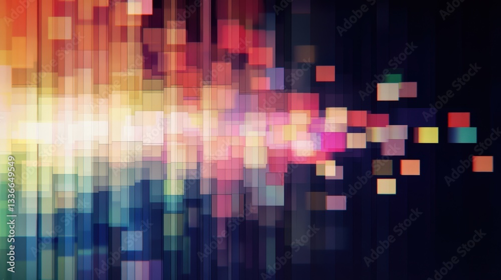Poster a vibrant abstract image featuring a blend of colorful blocks and beams of light against a dark back