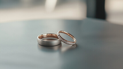 Close-up of wedding rings on a table