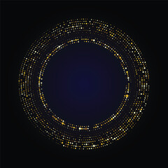 Gold shiny round glitter shape. Frame for photo or mirror. Halftone pattern of dots. Abstract luxury background. Vector illustration isolated on dark backdrop.
