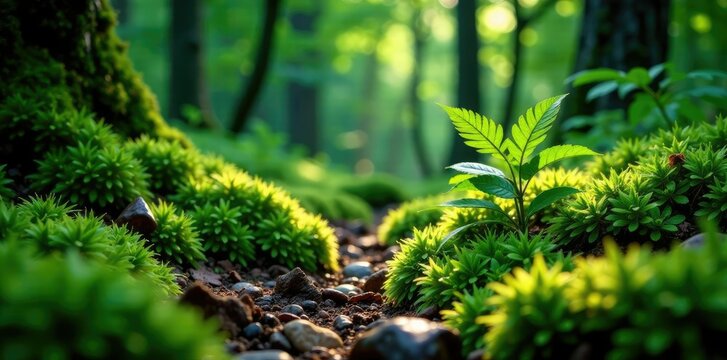 Deep forest floor covered in moss and ferns with Veratrum viride growing among them, earthy tones, foliage, plant