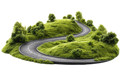 Curvy mountain road with greenery isolated, cut out