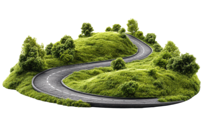 Curvy mountain road with greenery isolated, cut out