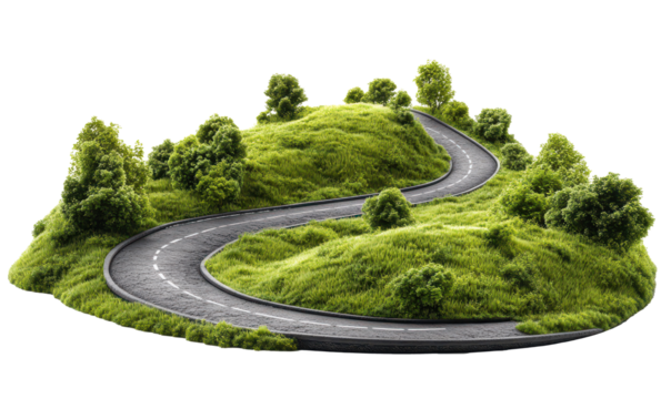 Curvy mountain road with greenery isolated, cut out