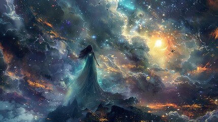 A mesmerizing cosmic landscape featuring a flowing figure draped in ethereal clothing, standing on a rocky outcrop amidst swirling clouds and vibrant celestial bodies. The background is illuminated by