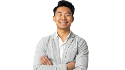 Young asian businessman smiling with crossed arms on transparent background