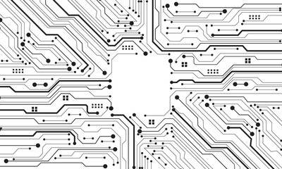 Abstract black circuit board technology connected lines electronics elements computer motherboard chip processor semiconductor digital on white background vector