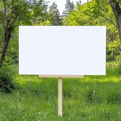 Blank White Sign on Wooden Post Surrounded by Lush Green Grass and Trees in Sunlit Forest