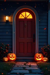Obraz premium Doorway illuminated by a full moon and jack-o-lanterns, spooky, festive