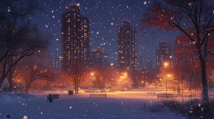 Fototapeta premium Snowy city park at night, illuminated buildings in background, winter scene, ideal for calendar