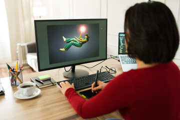Freelancer immersed in photo editing at home, using a computer and graphic tablet to enhance images in a cozy home office setting