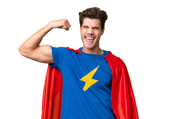 Super Hero caucasian man over isolated background doing strong gesture