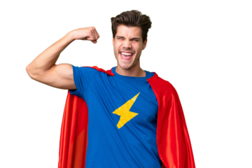 Super Hero caucasian man over isolated background doing strong gesture