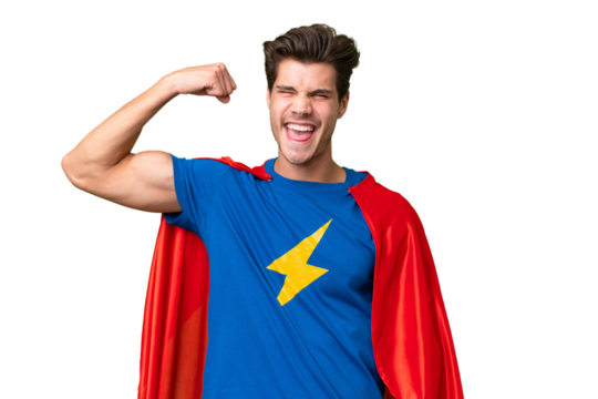 Super Hero caucasian man over isolated background doing strong gesture