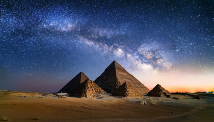 Egyptian pyramids illuminated under starry night sky. Milky Way above ancient monuments.