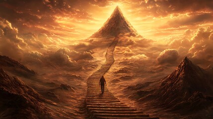 A solitary figure ascends a golden stairway to a peak, bathed in ethereal light