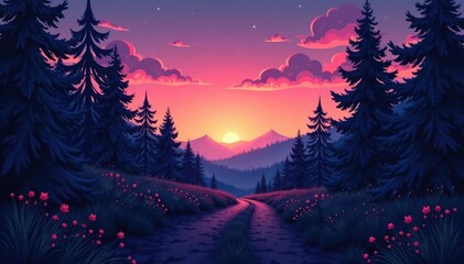 Forest at dusk with gradient sky and empty path, dusk, foliage