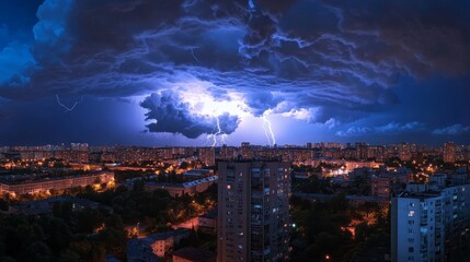 Beneath a thunderous dark sky filled with swirling black clouds, bolts of lightning dance through the air, illuminating the urban skyline. The luminous city glows beneath the storm's fury