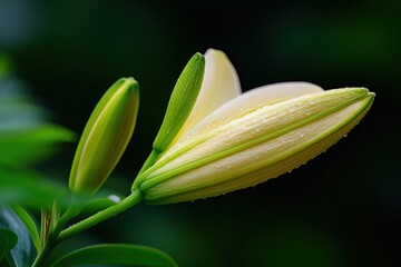 Obraz premium Pale yellow lily bud, dew drops
