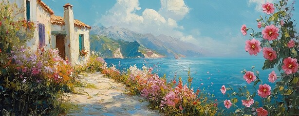 A tranquil coastal scene with vibrant flowers and serene ocean view under a blue sky.