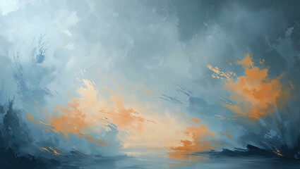 Fototapeta premium A tranquil, atmospheric background with ambient lighting, featuring soft blues and warm oranges blending in a painterly fashion to create an elegant aesthetic.