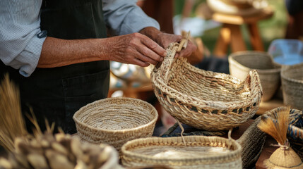 Artisan weaving natural basket at outdoor craft fair, showcasing skill and craftsmanship. intricate details and textures highlight beauty of handmade items