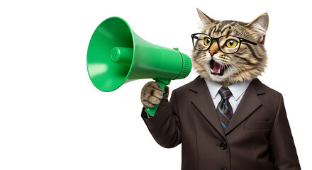 A Cat Wearing a Suit and Glasses Holding a Bullhorn Speaker and Shouting Loudly in It, Looking in Camera on Solid White Background, Medium Shot, Studio Lighting
