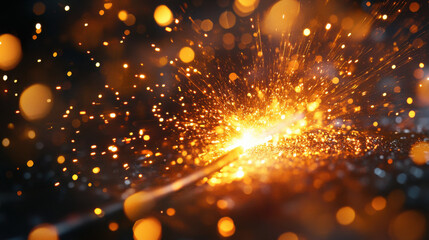Close up of blacksmith forging metal, with sparks flying and glowing embers illuminating scene, creating dynamic and energetic atmosphere