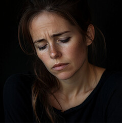 Fototapeta premium realistic photo, best quality, woman, 35 years old, sad look, tired look, mood bad, dark background