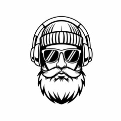Hipster Bearded Man with Sunglasses and Headphones