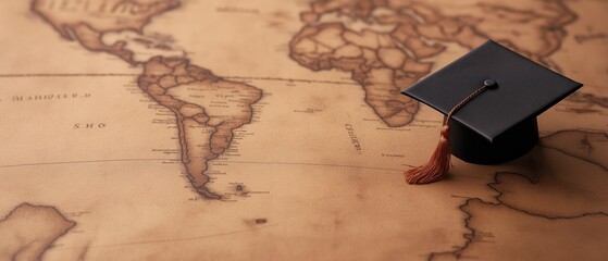 Black graduation cap with a red tassel lying on top of a map of the world. the map appears to be old and worn, with some areas of the continents and oceans visible.