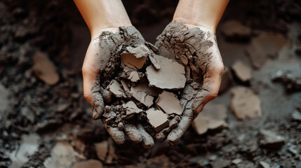 Hands breaking apart dry clay to recycle and reuse, showcasing sustainability and creativity in art. texture and color of clay highlight importance of recycling materials